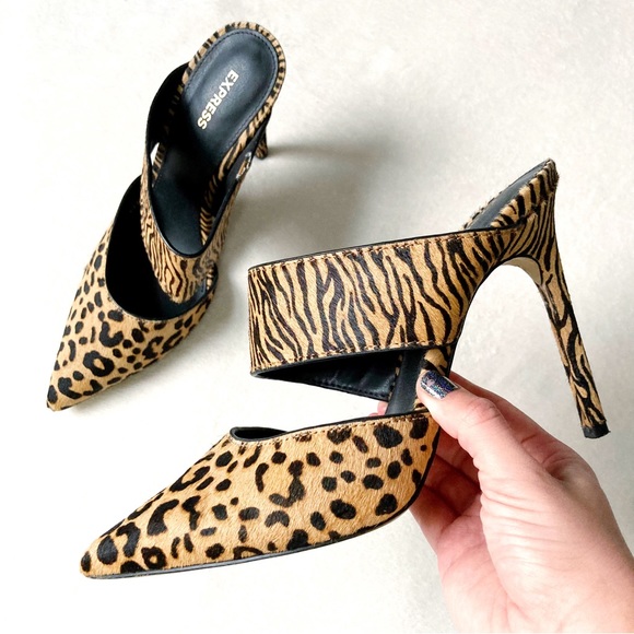 Express Shoes - EXPRESS Calf Hair Leopard + Tiger Mixed Animal Print Stiletto Heeled Mules